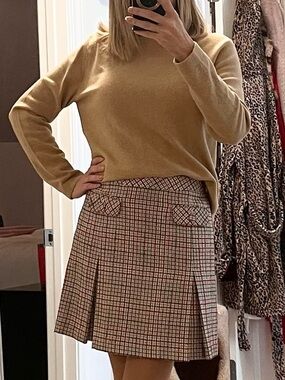 LOFT Plaid Pleated Mini Skirt in Beige and Brown